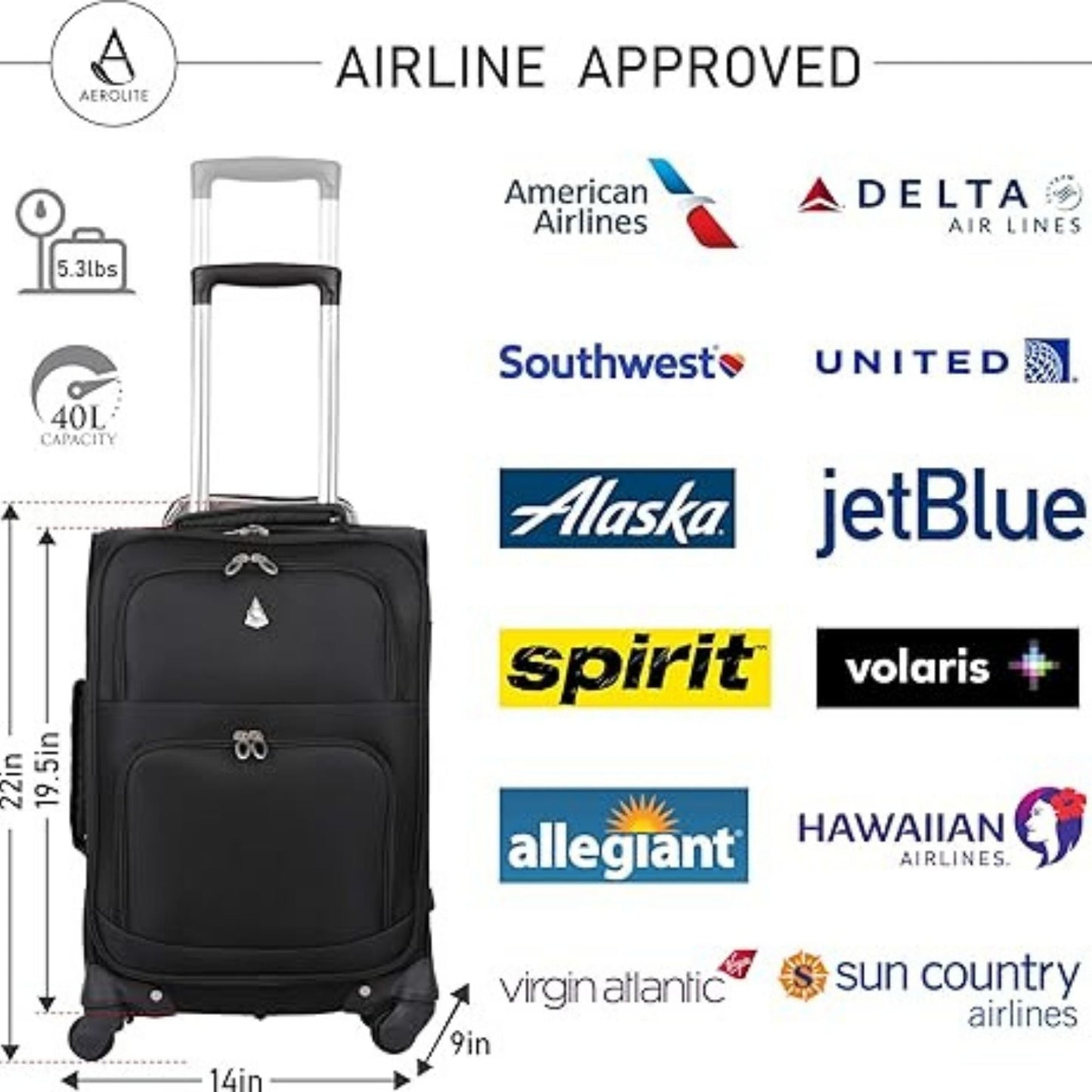 22" Airline-Approved Carry-On Suitcase Fits Maximum Allowance Luggage