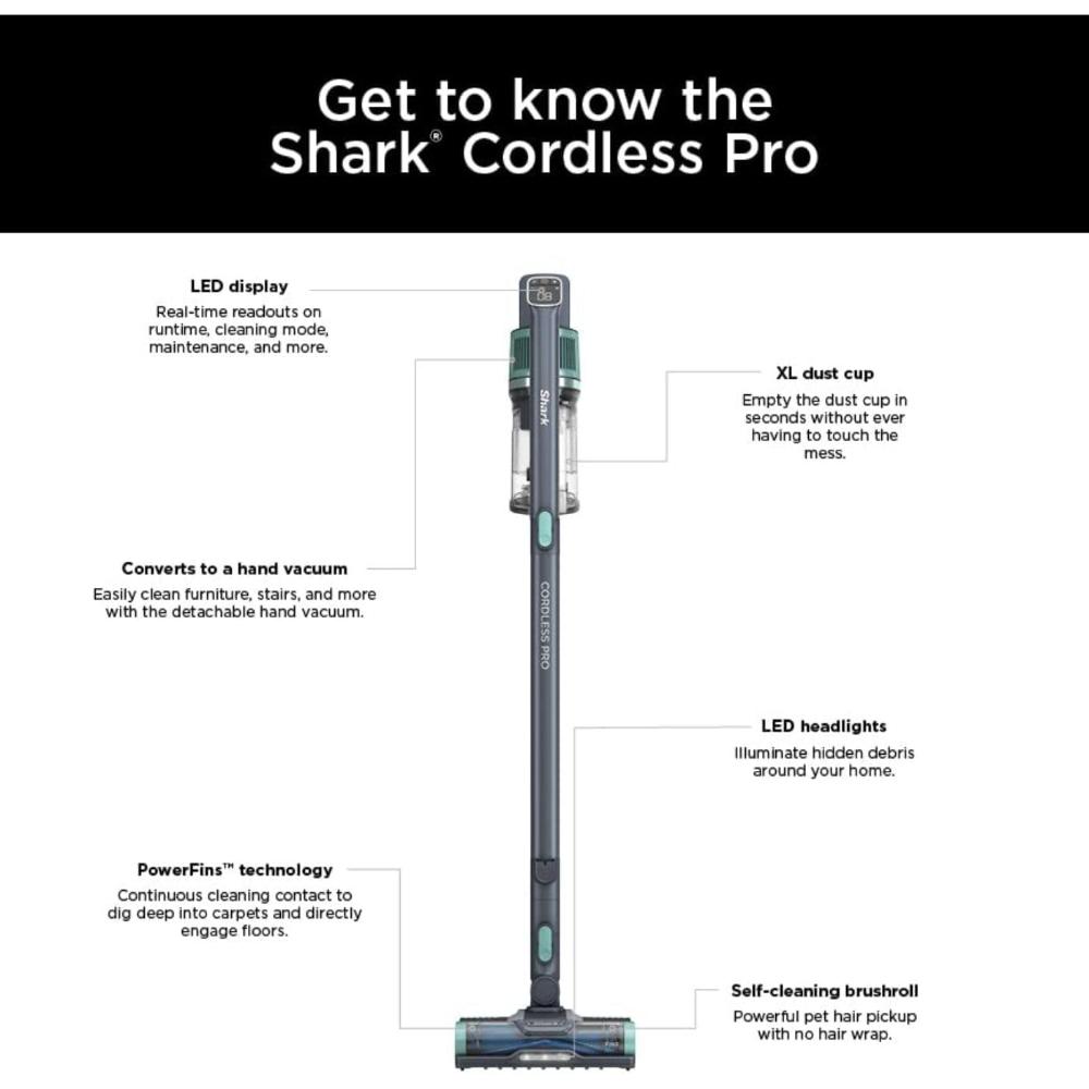 Cordless Pro Vacuum with PowerFins and Self-Cleaning Brushroll, Includes Upholstery and Crevice Tools, Up to 60-Minute Runtime, HEPA Filtration, Dark Grey/Mojito