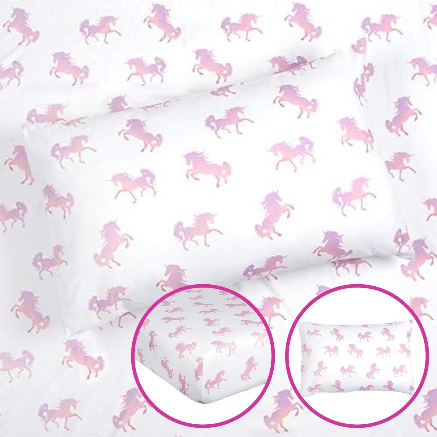 4-Piece Pink Unicorn Bed Sheet & Pillowcases Set Full Size Soft Microfiber Bedding, Durable and Smooth Finish