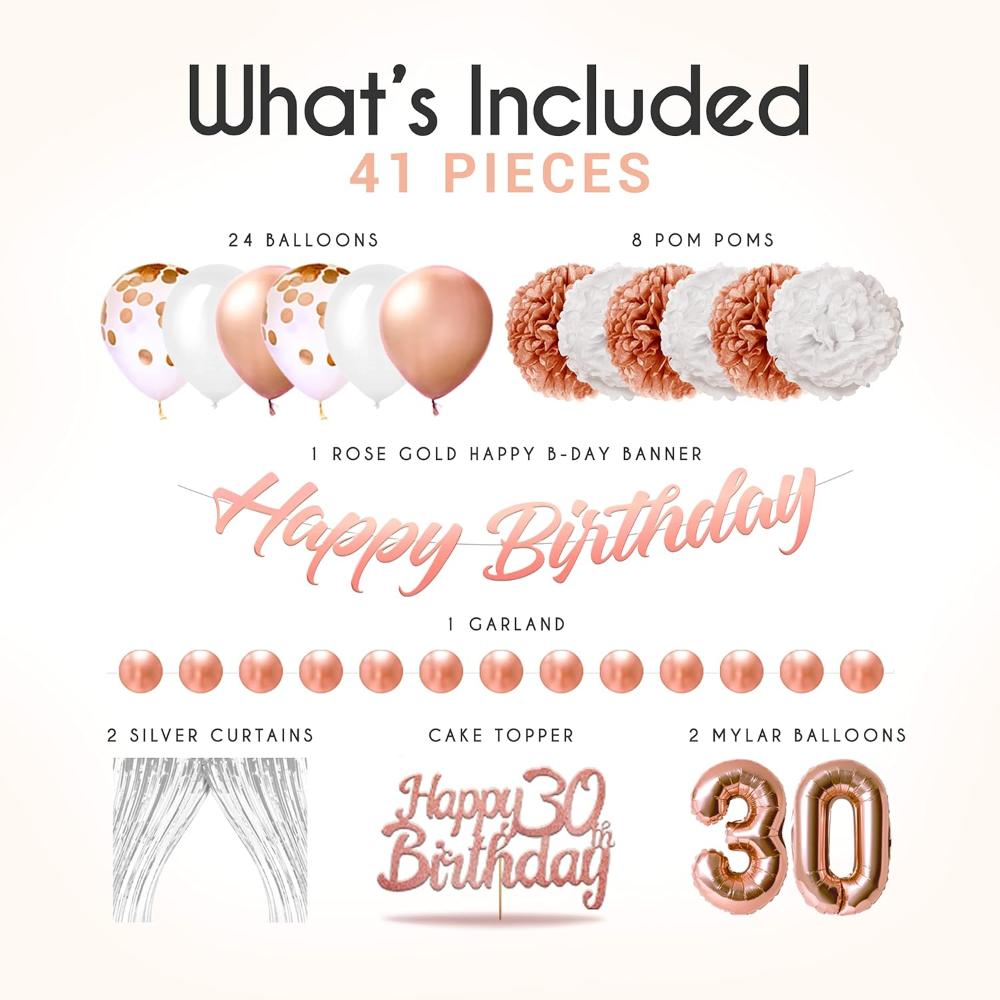 41-Piece Rose Gold 30th Birthday Decorations for Women - Includes Happy Birthday Banner, Cake Topper, Tissue Pom Poms & More - Easy to Set Up - Perfect for Bridal Showers, Baby Showers & More