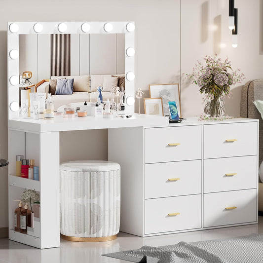 PAKASEPT Makeup Vanity with Mirror and 3-Color Lights, Vanity Desk Dressing Table with Charging Station,6 Drawers,Side 2 Storage Shelves for Bedroom,White