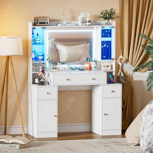 PAKASEPT Large Make up Vanity Desk with Mirror and Lights, Vanity Set with Charging Station, Makeup Table with 3 LED Lights Modes and Drawers,4 Cabinets,2 Glass Cabinets with RGB Lights