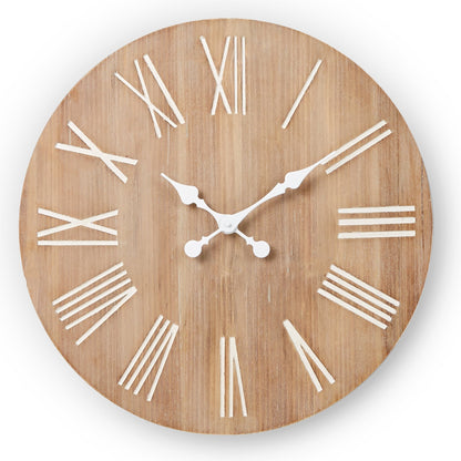 Analog Round Rustic Wall Clock - Decorative Solid Fir Wood with White Numbers