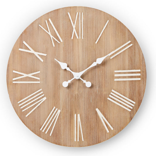 Analog Round Rustic Wall Clock - Decorative Solid Fir Wood with White Numbers