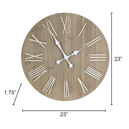 Analog Round Rustic Wall Clock - Decorative Solid Fir Wood with White Numbers