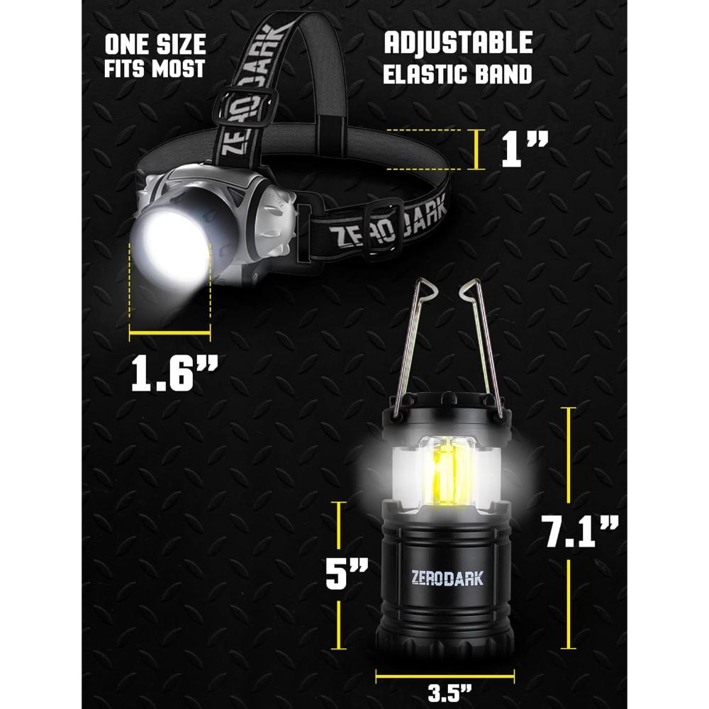 Waterproof Battery-Powered LED Headlamp and Lantern Set, Black, 2-Pack