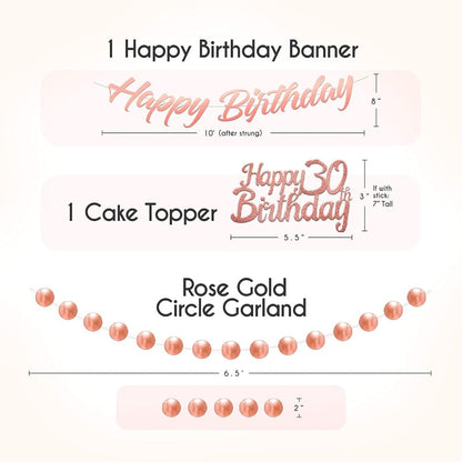 41-Piece Rose Gold 30th Birthday Decorations for Women - Includes Happy Birthday Banner, Cake Topper, Tissue Pom Poms & More - Easy to Set Up - Perfect for Bridal Showers, Baby Showers & More