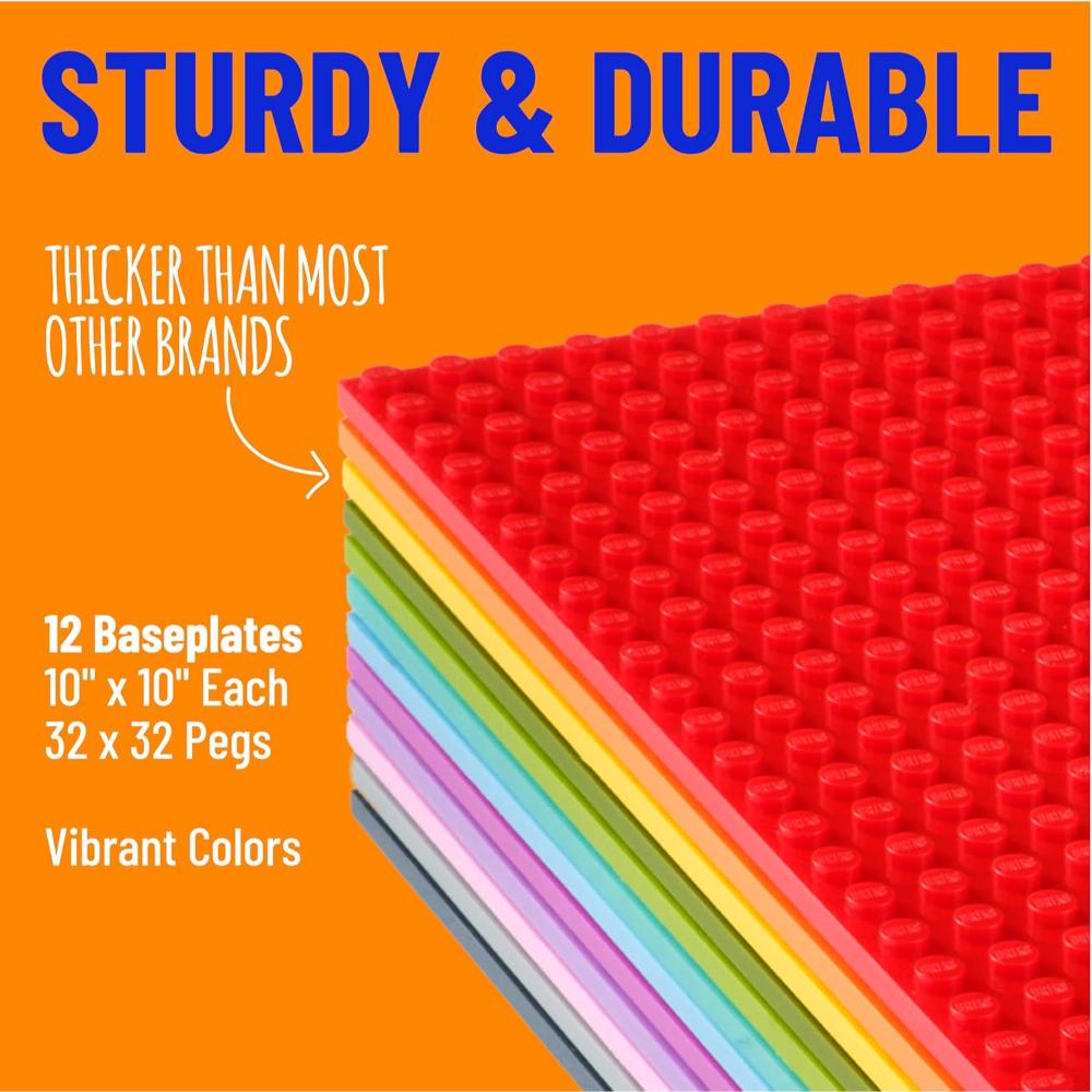 Classic Stackable Baseplates for Building Bricks 100% Compatible with Major Brands, Vibrant Colors, 12-Pack, 10x10 Inches