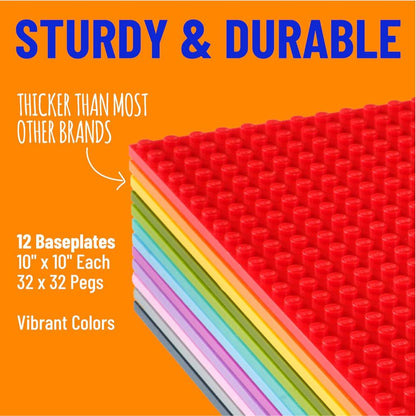 Classic Stackable Baseplates for Building Bricks 100% Compatible with Major Brands, Vibrant Colors, 12-Pack, 10x10 Inches