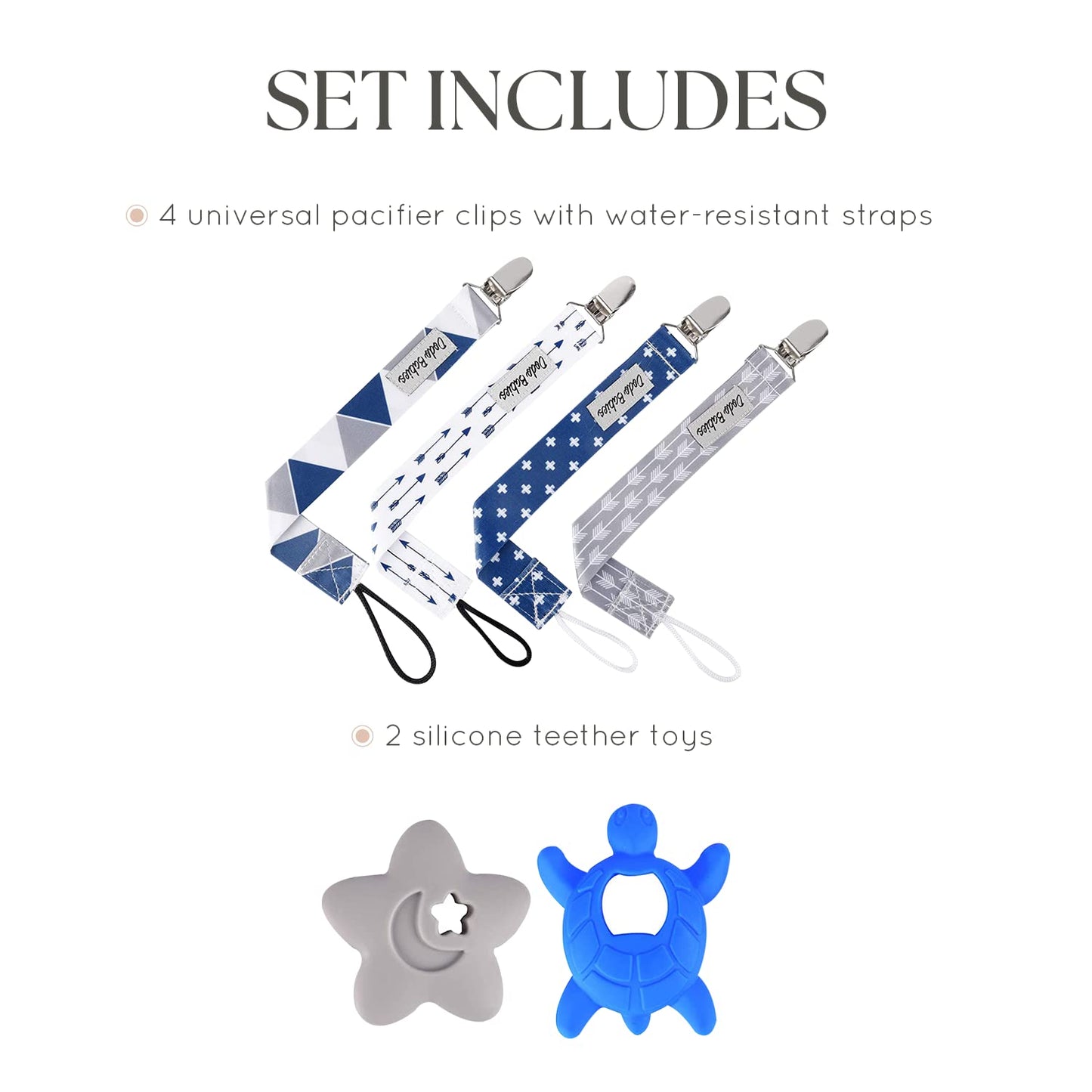 Pacifier Clip & Teether Toy Set Four Clips and Two Silicone Teether Toys Universal Holder for Most Pacifier Brands Fun Blue and Gray Prints for Boys and Girls