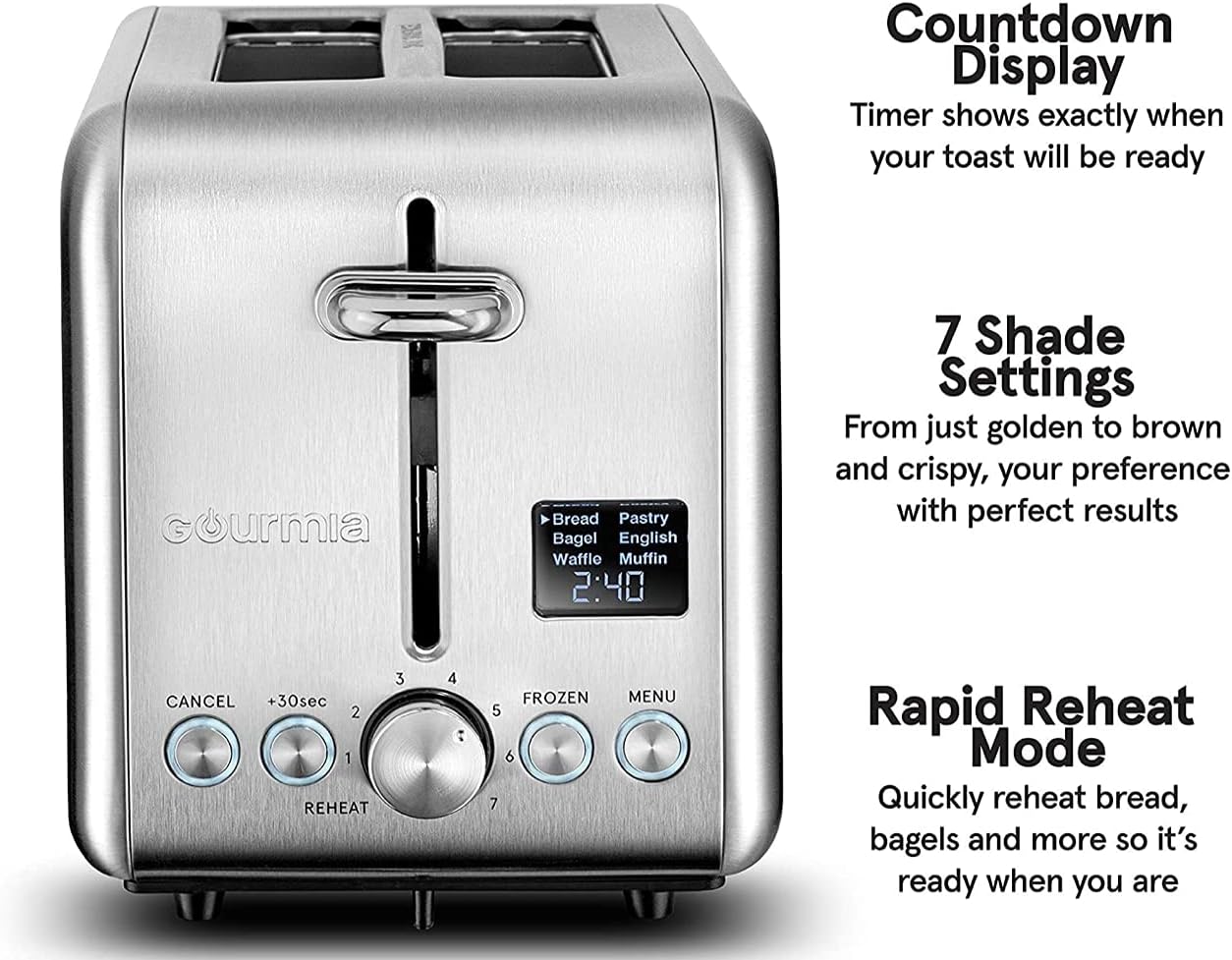 Digital Toaster - Stainless Steel GDT2445, Features 5 Toast Functions (Waffle, English Muffin, Pastry), 7 Shade Settings, Rapid Reheat Mode, and Extra Wide Slots