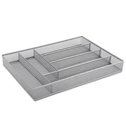 Large Chrome Mesh Kitchen Drawer Organizer - 6 Compartment Cutlery Storage Tray (16x11x2)