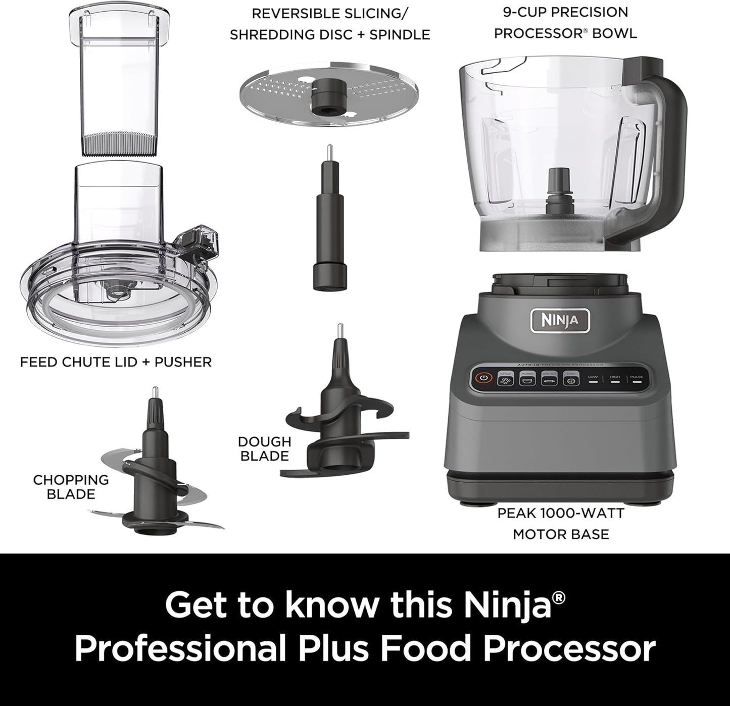 Food Processor - 1000 Peak Watts, 4 Functions: Chopping, Slicing, Purees, Dough, Includes 9-Cup Bowl, 3 Blades, Food Chute & Pusher