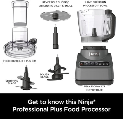 Food Processor - 1000 Peak Watts, 4 Functions: Chopping, Slicing, Purees, Dough, Includes 9-Cup Bowl, 3 Blades, Food Chute & Pusher