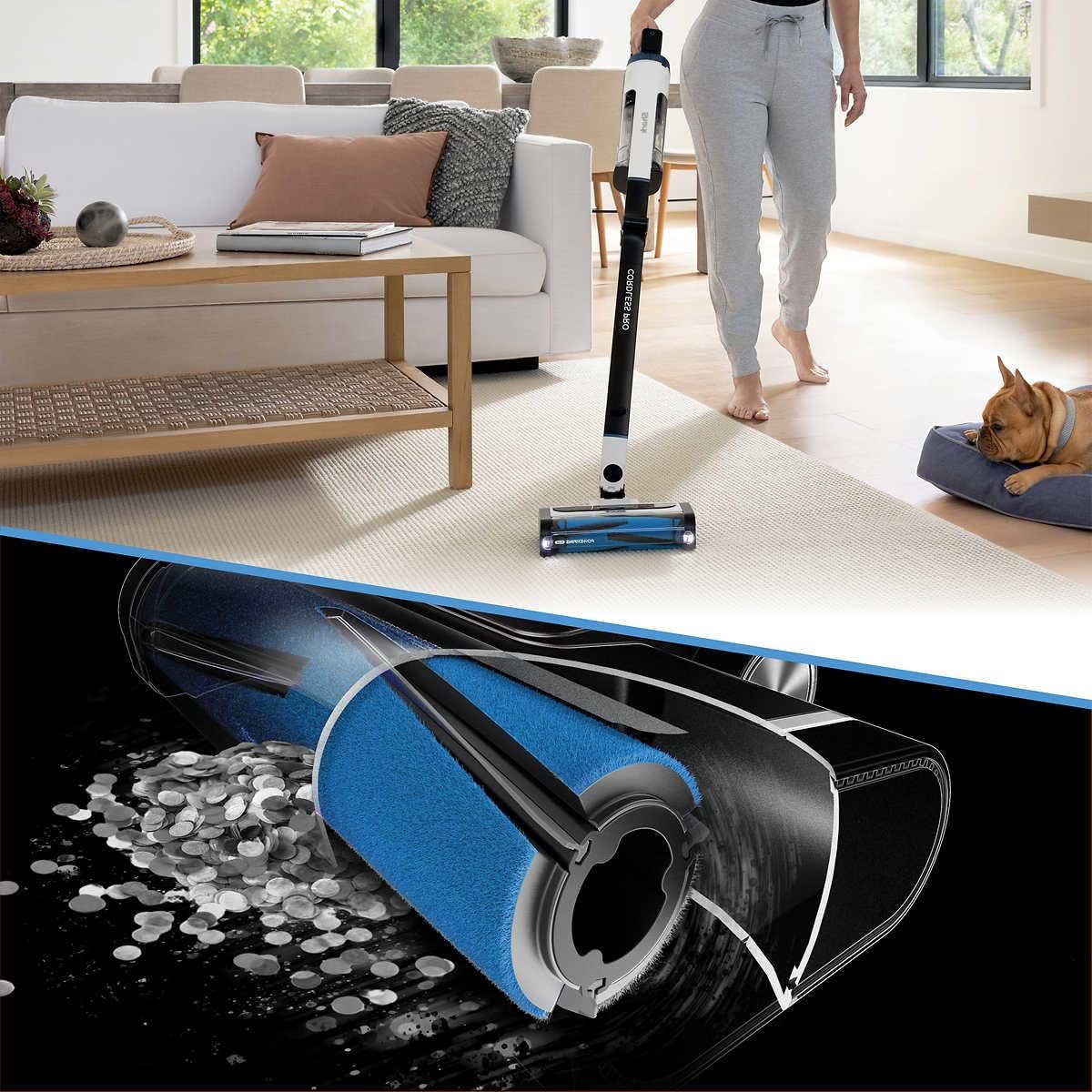 Pro Cordless Vacuum with Clean Sense IQ & MultiFLEX Technology, PowerFins Plus Brushroll, Includes Duster Crevice Tool & Anti-Allergen Dusting Brush, Up to 40 Minute Runtime, White/Blue