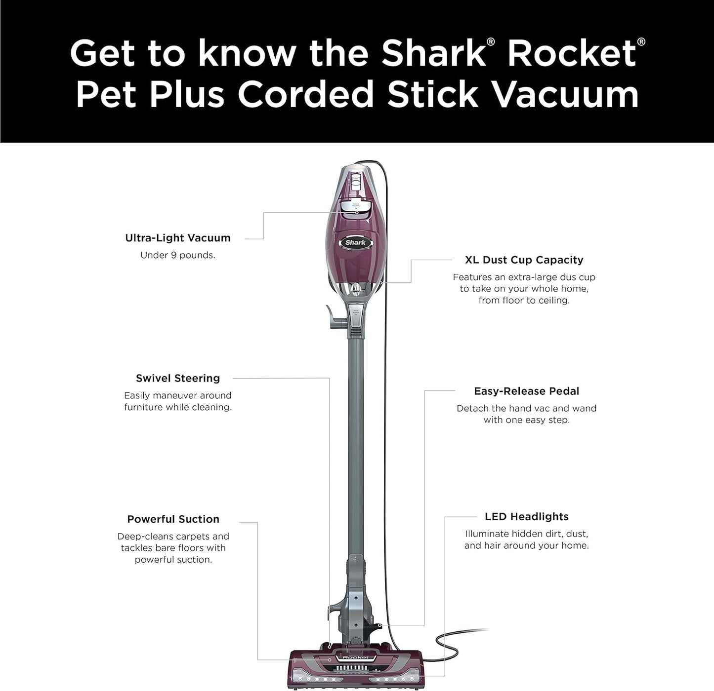 Corded Stick Vacuum - LED Headlights, XL Dust Cup, Lightweight, Converts to Hand Vacuum, Includes Pet Attachments