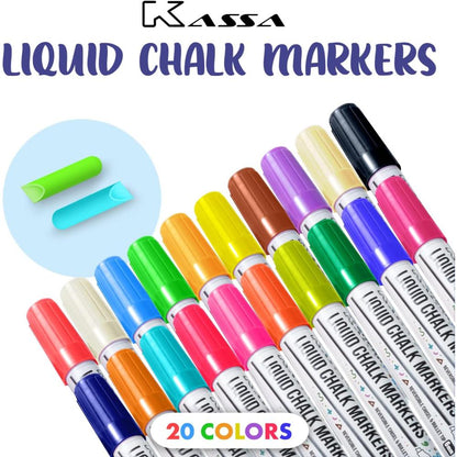 20-Pack Liquid Chalk Markers | 20 Vibrant Colors with Reversible Bullet & Chisel Tips | Works on Chalkboards, Windows & Glass | Erasable & Dust-Free | Perfect for Home, School & Office Use