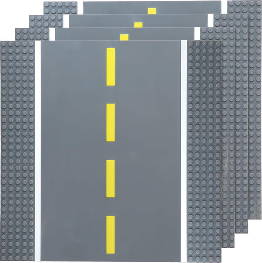 4 Pack City Road Plates, Classic Building Bricks Baseplates Straight Set for Streets and Race Tracks, Compatible with Major Brands, 10x10 in