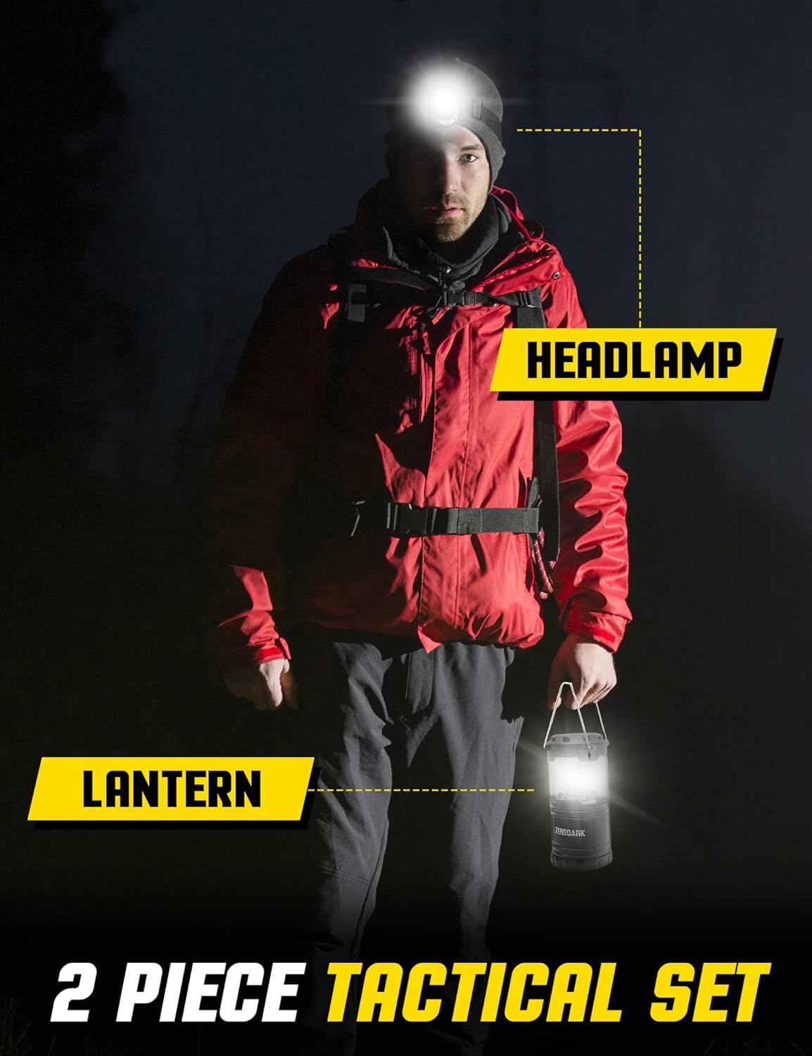 ZeroDark Waterproof Battery Powered LED Headlamp and Lantern Set, Black, 2-Piece