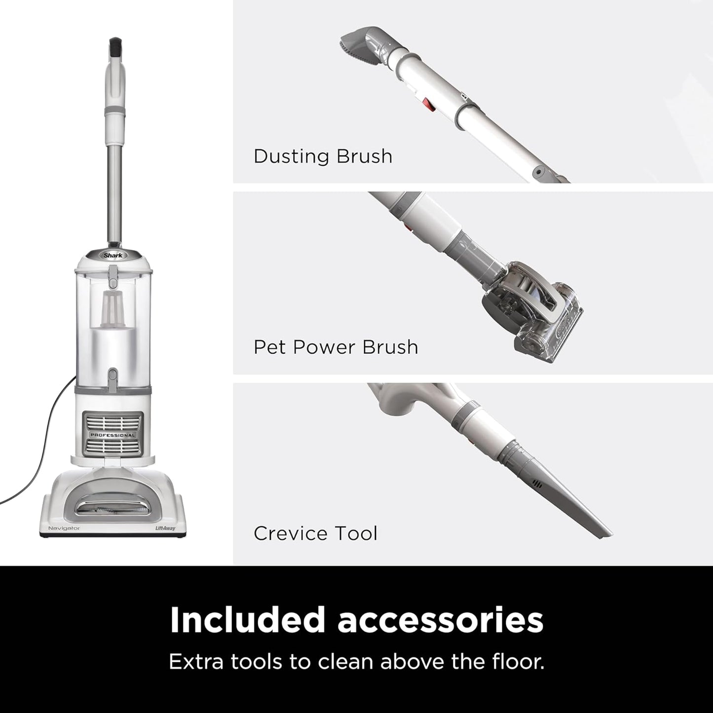 Navigator Lift-Away Professional Upright Vacuum with Swivel Steering, HEPA Filter, XL Dust Cup, Pet Power, Dusting Brush, and Crevice Tool, Perfect for Pet Hair, White/Silver