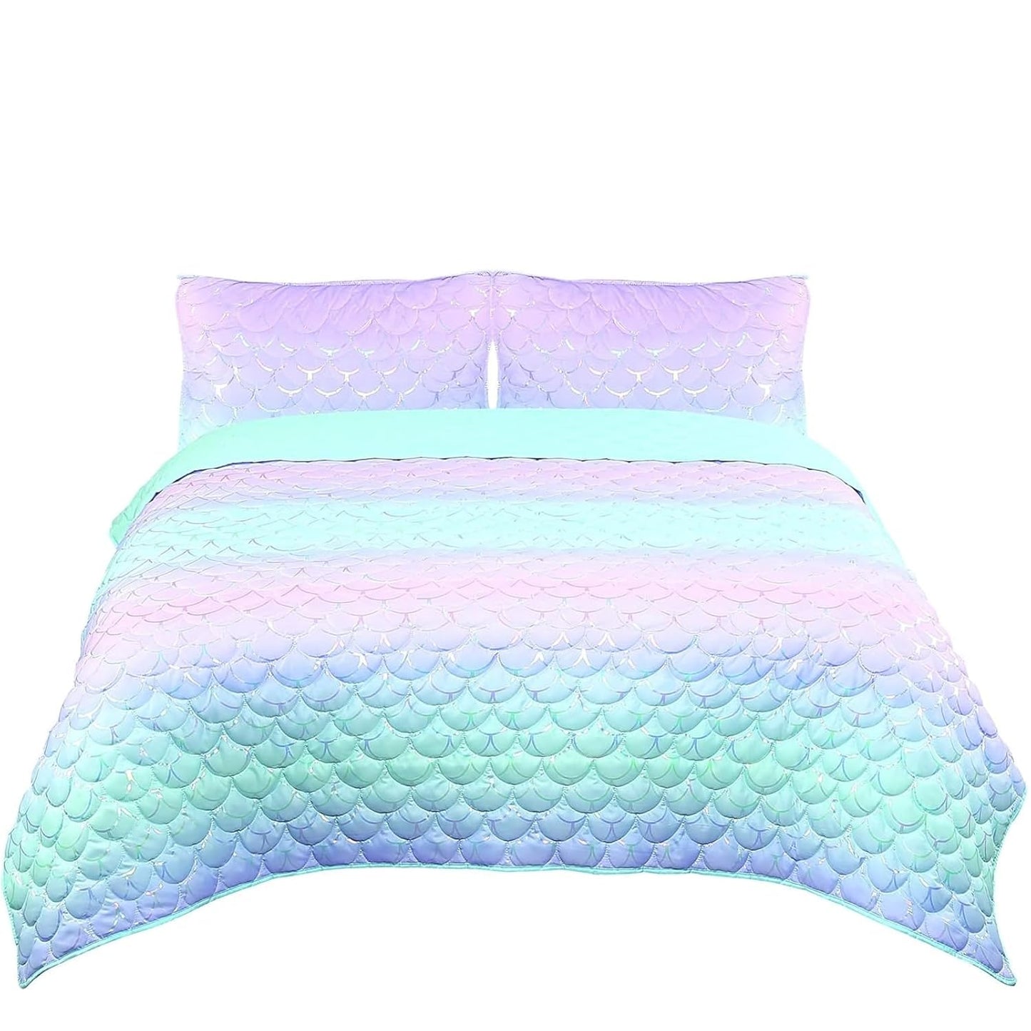 3-Piece Mermaid Quilt Full Size Set Lightweight Iridescent Metallic Quilt and 2 Standard Shams Soft and Durable Bedding