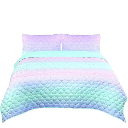 3-Piece Mermaid Quilt Full Size Set Lightweight Iridescent Metallic Quilt and 2 Standard Shams Soft and Durable Bedding