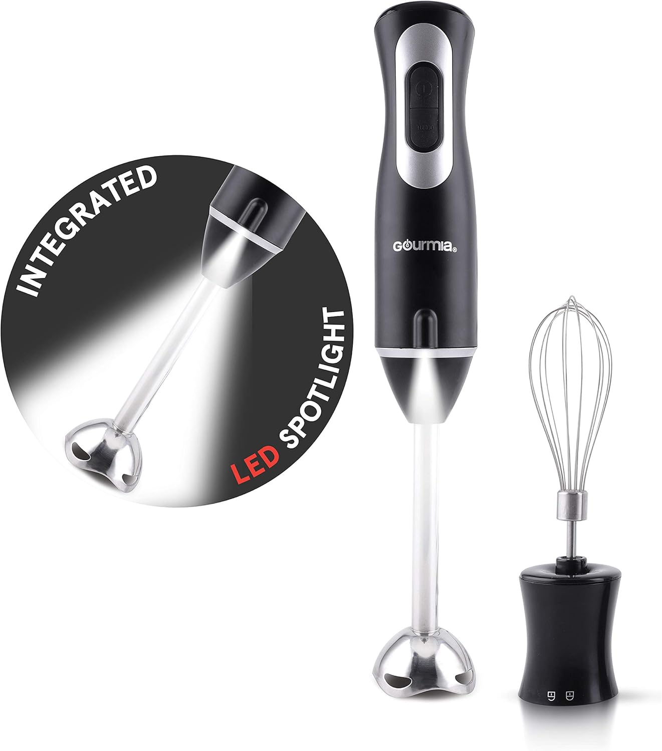 12 Speed Illuminating Immersion Hand Blender with Turbo Mode GHB2360 - Comfortable Ergonomic Handle - Whisk Attachment Included - Integrated LED Spotlight - 300 Watt Motor - Black