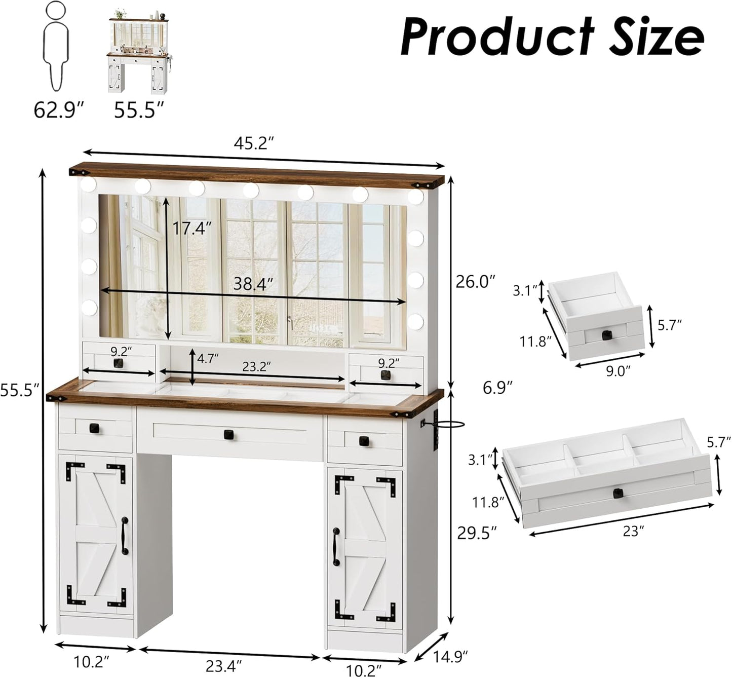 PAKASEPT Farmhouse White Makeup Vanity Desk with Mirror and Lights, Glass Tabletop Makeup Vanity Table with Drawers, Charging Station, Cabinet for Bedroom