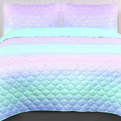 3-Piece Mermaid Quilt Full Size Set Lightweight Iridescent Metallic Quilt and 2 Standard Shams Soft and Durable Bedding