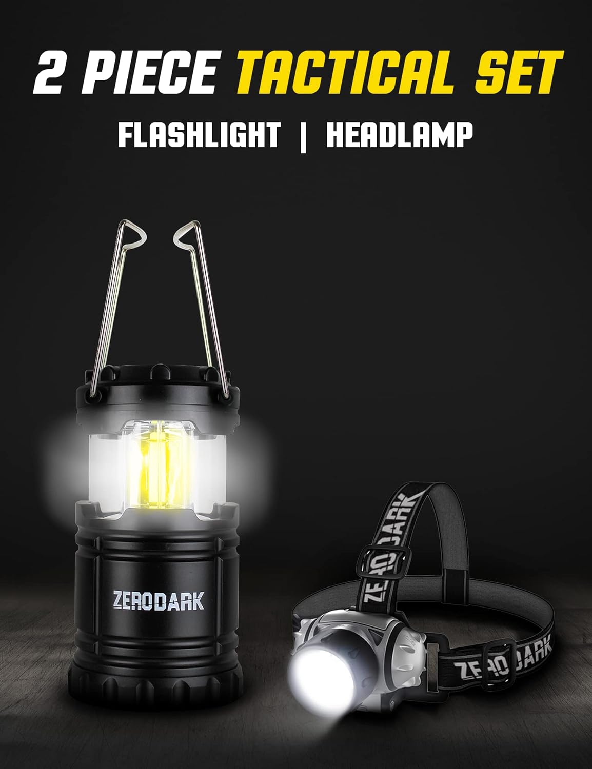 ZeroDark Waterproof Battery Powered LED Headlamp and Lantern Set, Black, 2-Piece