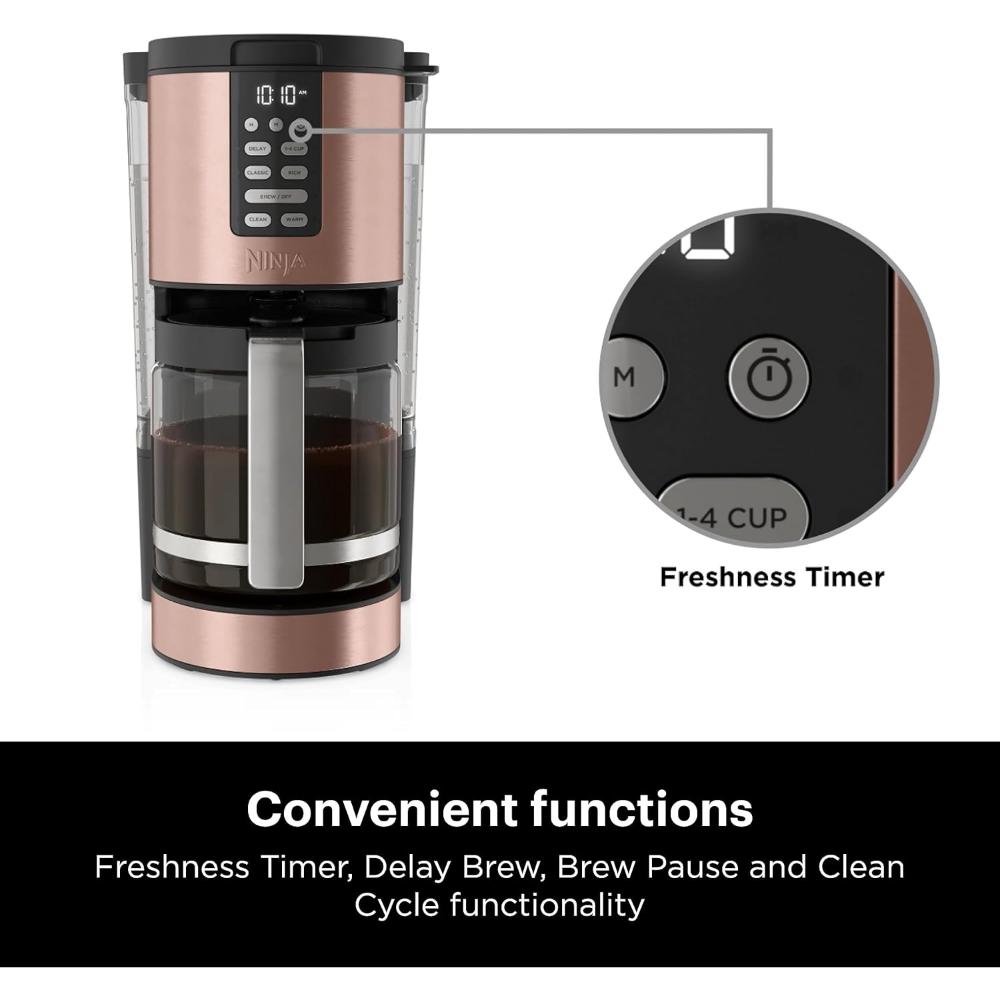 Programmable XL 14-Cup Coffee Maker with Permanent Filter, 2 Brew Styles (Classic & Rich), Delay Brew, Freshness Timer, Keep Warm Function, Dishwasher Safe, Copper