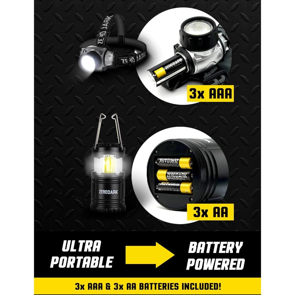 Waterproof Battery-Powered LED Headlamp and Lantern Set, Black, 2-Pack