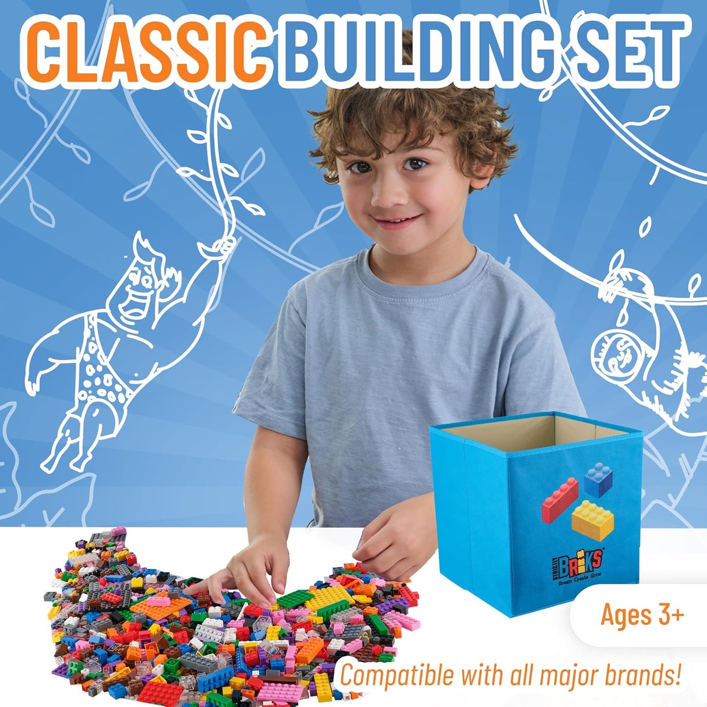 12-Color Classic Building Brick Set 1008 pcs with Collapsible Organizer Bin