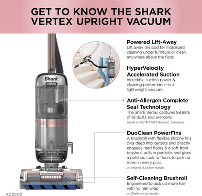 AZ2002 Vertex Powered Lift-Away Upright Vacuum with DuoClean PowerFins, Self-Cleaning Brushroll, Large Dust Cup, Pet Crevice Tool, Dusting Brush & Power Brush, Silver/Rose Gold