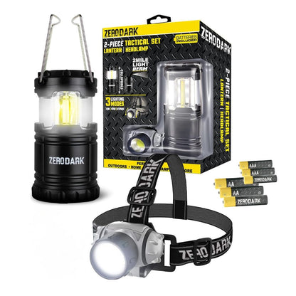 Waterproof Battery-Powered LED Headlamp and Lantern Set, Black, 2-Pack