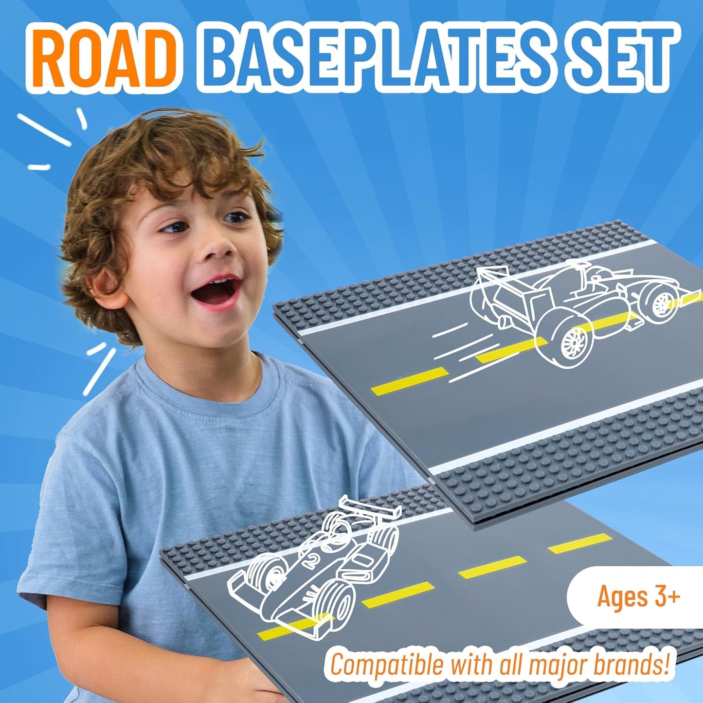 Set of 4 Straight Baseplates 10''x10'' Road Baseplates for Building Bricks Compatible with All Major Brands