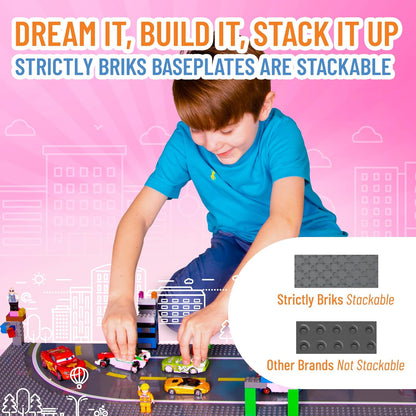 Set of 4 Straight Baseplates 10''x10'' Road Baseplates for Building Bricks Compatible with All Major Brands