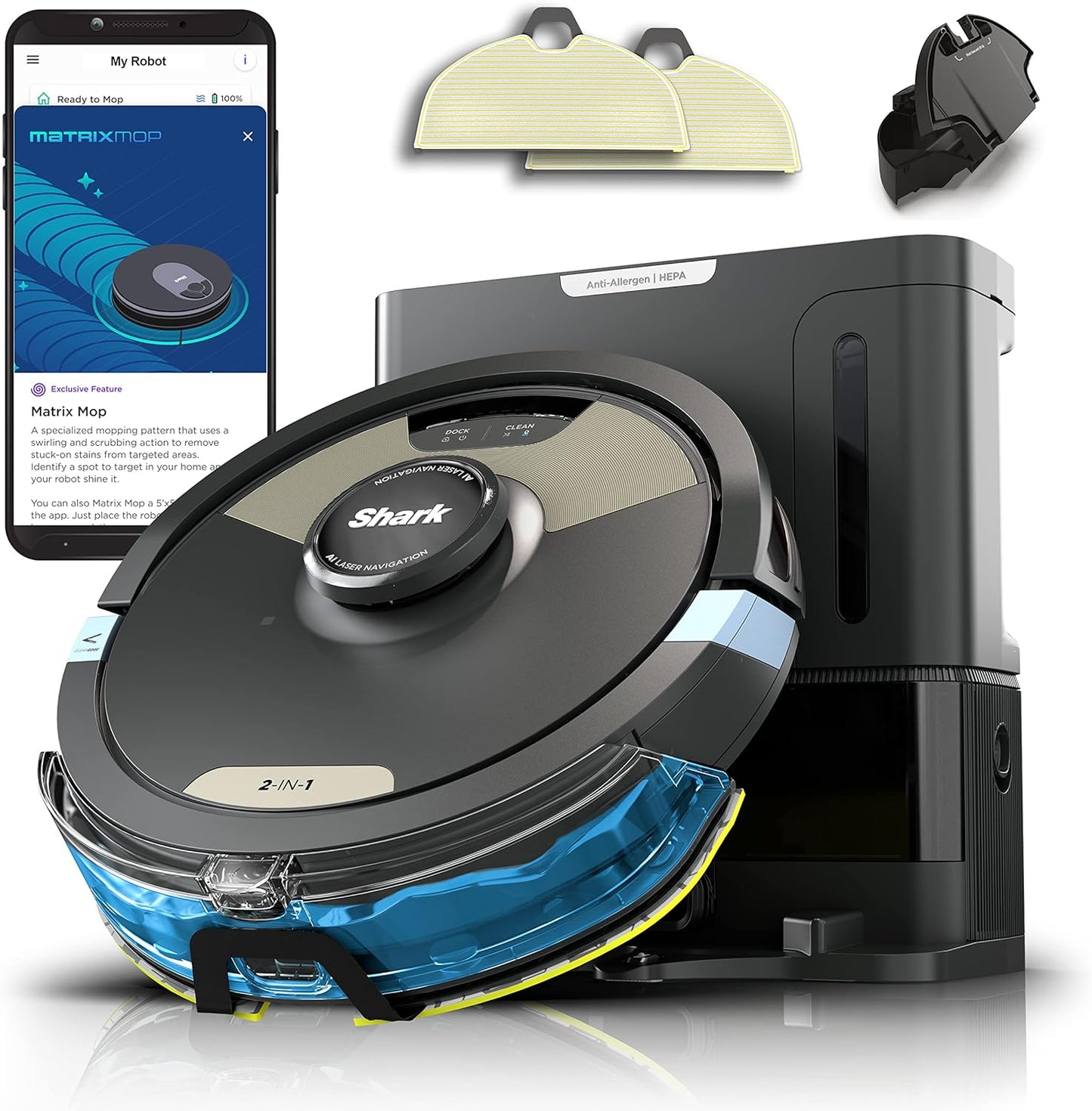 2in1 Robot Vacuum & Mop with Sonic Mopping, Matrix Clean, Home Mapping, HEPA Bagless Self Empty Base, CleanEdge, for Pet Hair, Wifi, Black/Gold (AV2610WA)