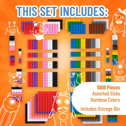 12-Color Classic Building Brick Set 1008 pcs with Collapsible Organizer Bin