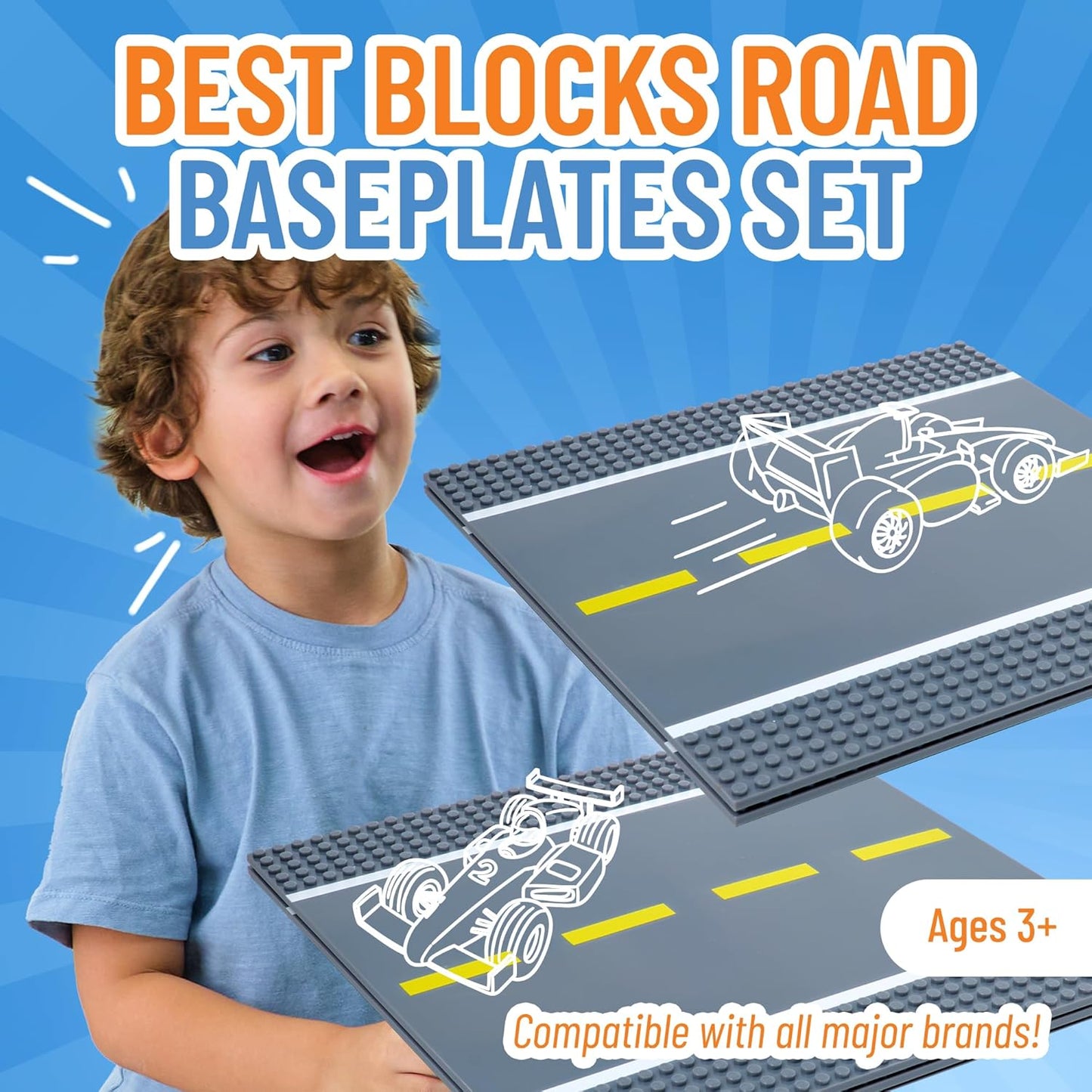 4 Pack City Road Plates, Classic Building Bricks Baseplates Straight Set for Streets and Race Tracks, Compatible with Major Brands, 10x10 in