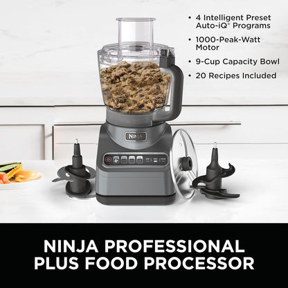 Food Processor - 1000 Peak Watts, 4 Functions: Chopping, Slicing, Purees, Dough, Includes 9-Cup Bowl, 3 Blades, Food Chute & Pusher