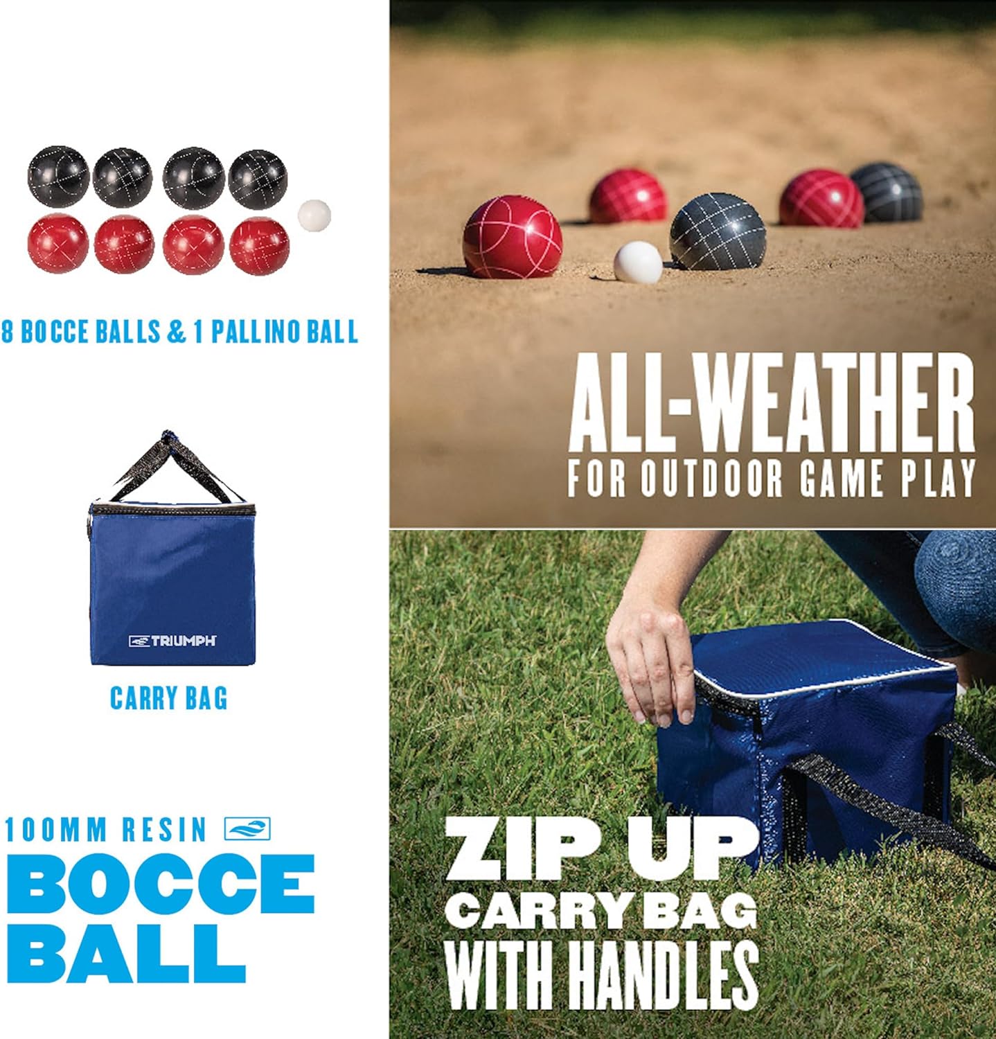 100mm Resin Bocce Ball Outdoor Game Set with Carrying Bag for Easy Storage, Multi,One Size,35-7103-3