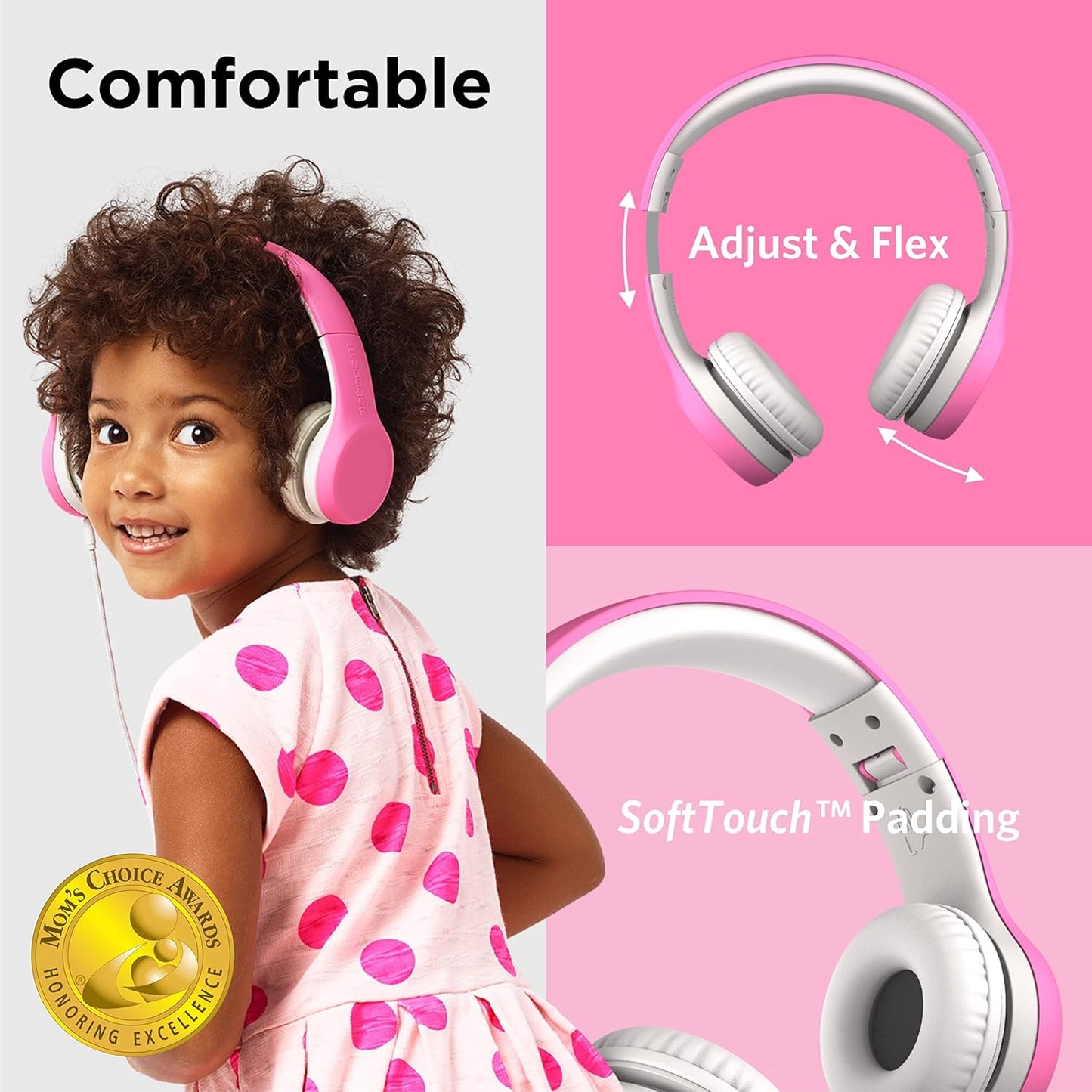 Girls Wired Headphones for School with Microphone, Volume-Limited for Safe Listening, Adjustable Headband, and Cushioned Earpads