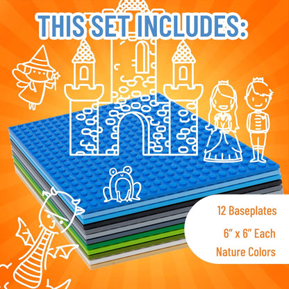 12 Pack Stackable Baseplates for Building Towers and Shelves 6x6 Inch Nature Colors, Compatible with Major Brick Brands