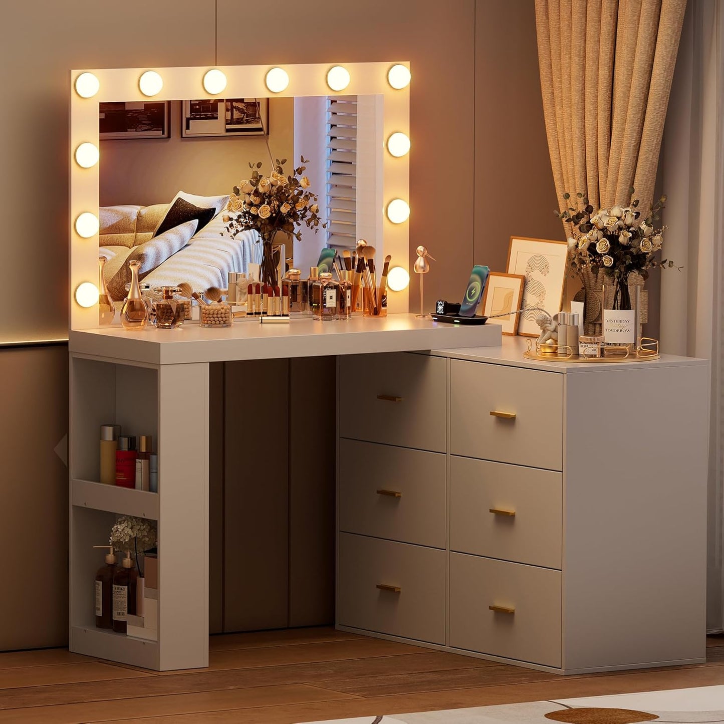 PAKASEPT Makeup Vanity with Mirror and 3-Color Lights, Vanity Desk Dressing Table with Charging Station,6 Drawers,Side 2 Storage Shelves for Bedroom,White