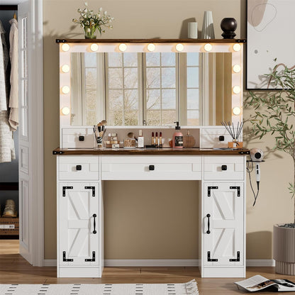 PAKASEPT Farmhouse White Makeup Vanity Desk with Mirror and Lights, Glass Tabletop Makeup Vanity Table with Drawers, Charging Station, Cabinet for Bedroom