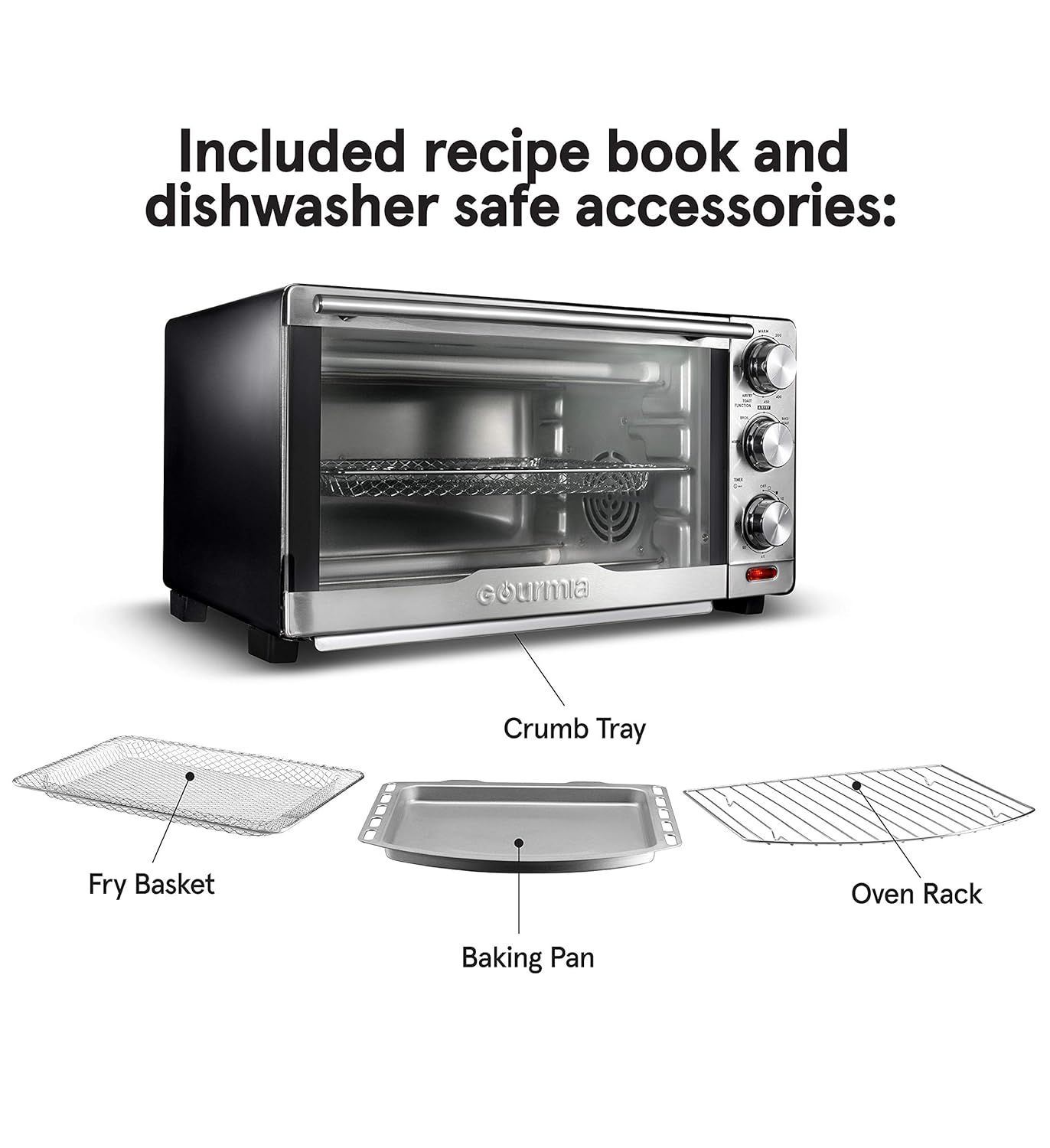 6-in-1 Multi-function Stainless Steel Air Fryer Oven - 6 Cooking Functions - Includes Fry Basket, Oven Rack, Baking Pan, Crumb Tray, and Recipe Book