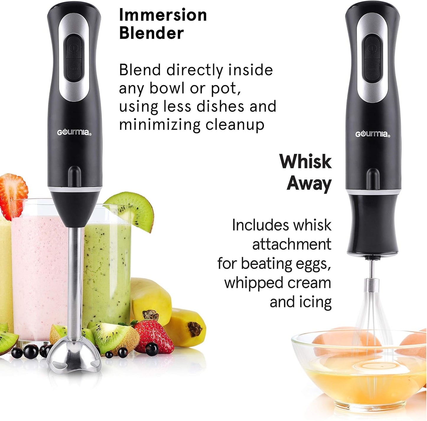 12 Speed Illuminating Immersion Hand Blender with Turbo Mode GHB2360 - Comfortable Ergonomic Handle - Whisk Attachment Included - Integrated LED Spotlight - 300 Watt Motor - Black