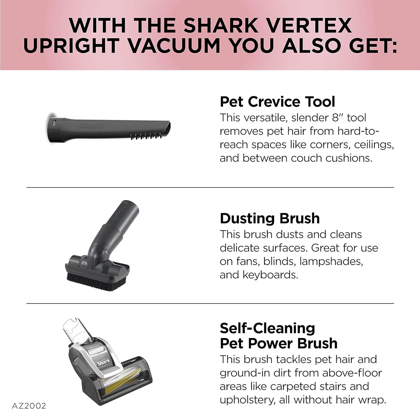 AZ2002 Vertex Powered Lift-Away Upright Vacuum with DuoClean PowerFins, Self-Cleaning Brushroll, Large Dust Cup, Pet Crevice Tool, Dusting Brush & Power Brush, Silver/Rose Gold