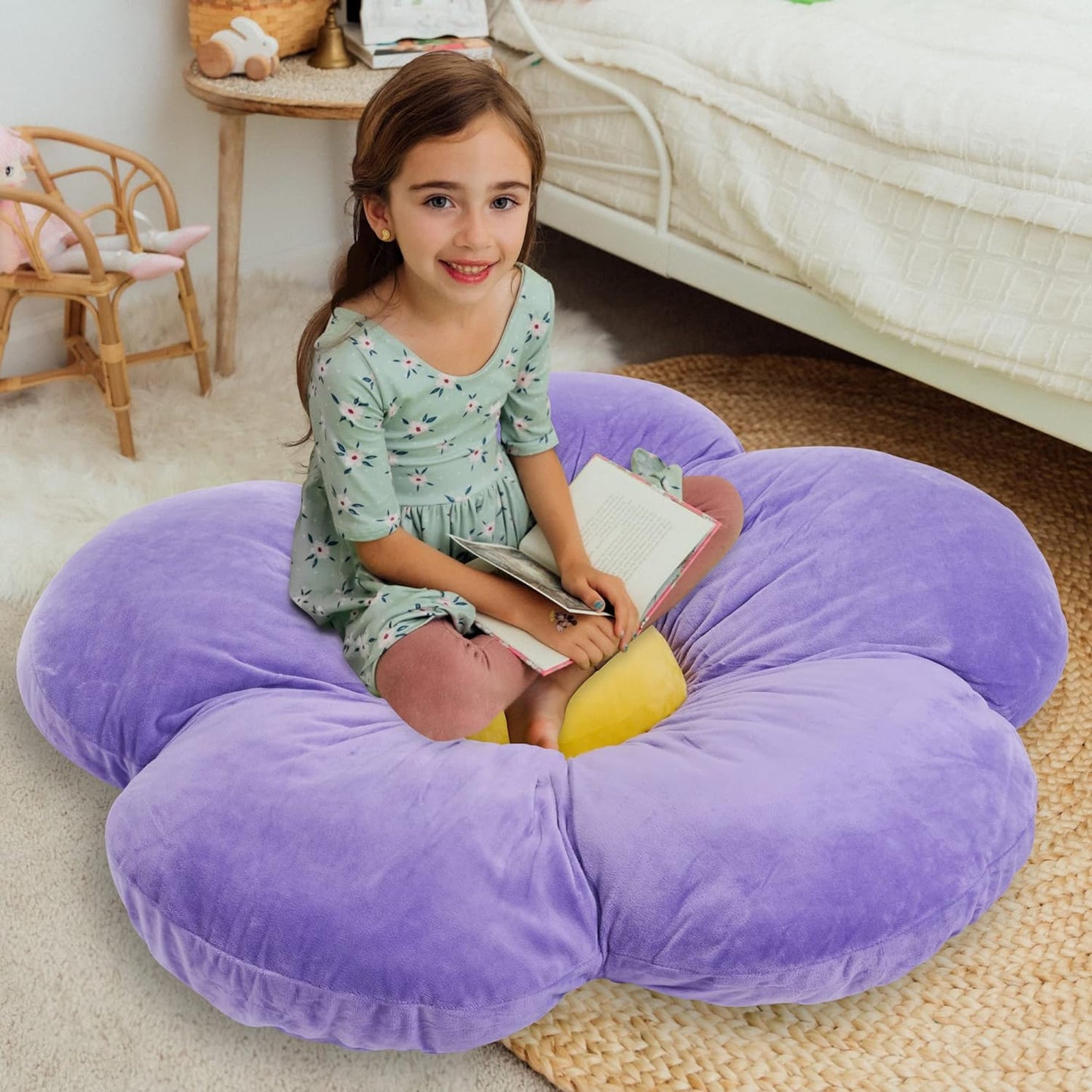 Girls Flower Floor Pillow Seating Cushion, for a Reading Nook, Bed Room, or Watching TV.  35", Purple